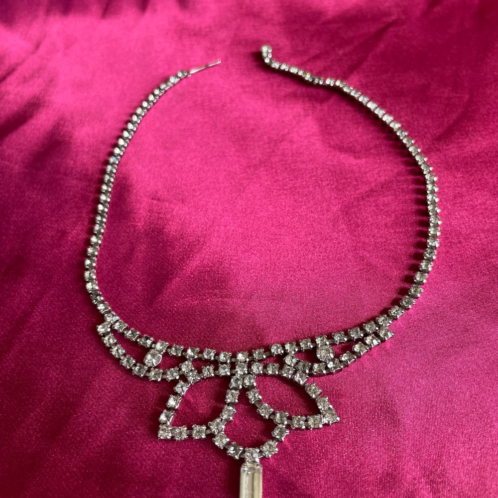 Vintage 50s Silver Tone Clear Rhinestone Choker Necklace